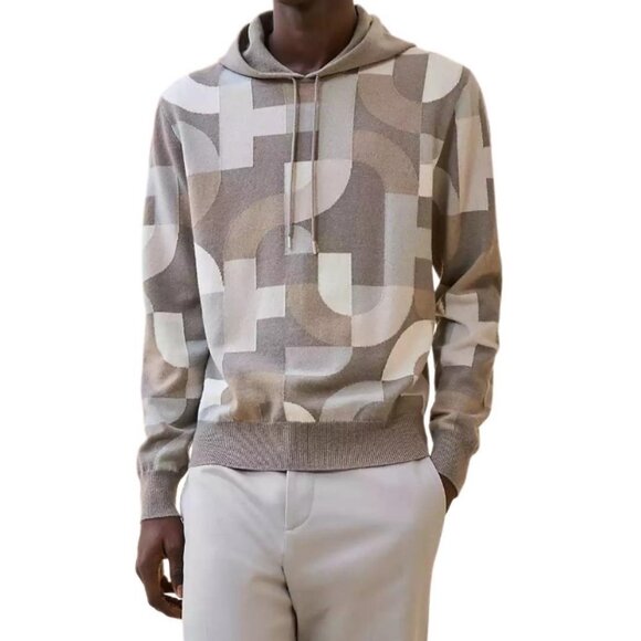 IM0278 Hermes Hermes color-blocked pig nose full-print cashmere hooded drawstrin - Picture 8 of 8